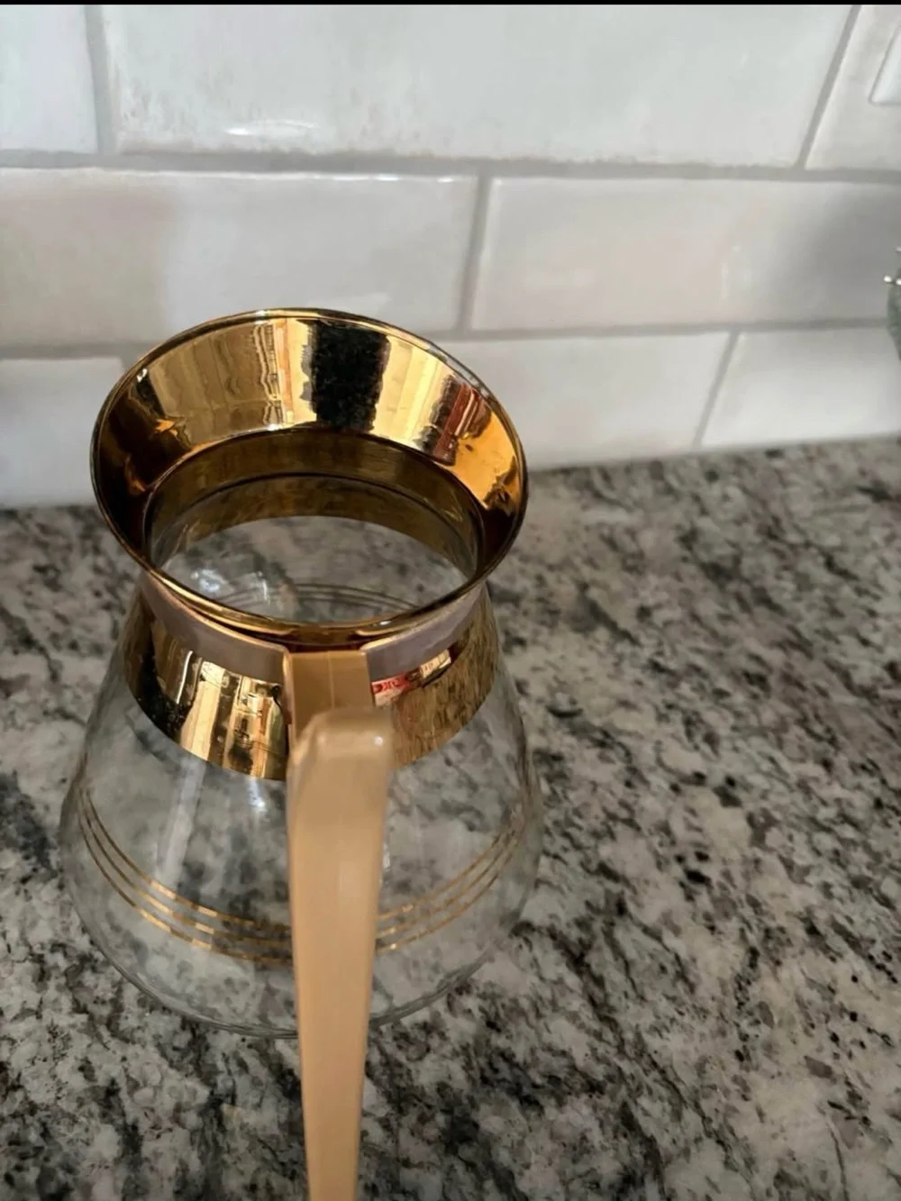 Gold-Trim Glass Coffee Carafe with Beige Handle Retro